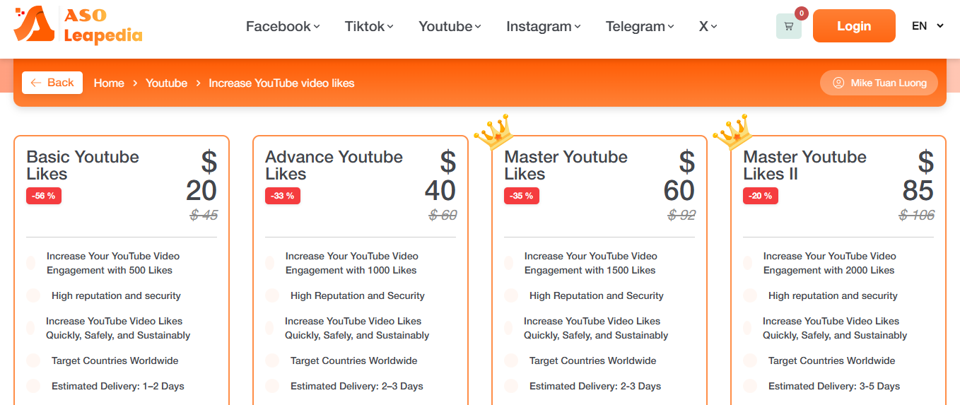 ASOLeapedia's Services use entirely real YouTube accounts to Increase YouTube Video Likes quickly and safely.
