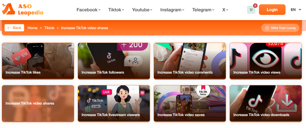 Increase TikTok Video Shares with ASOLeapedia's Services is a professional supporting tool for activating TikTok's content distribution algorithm.